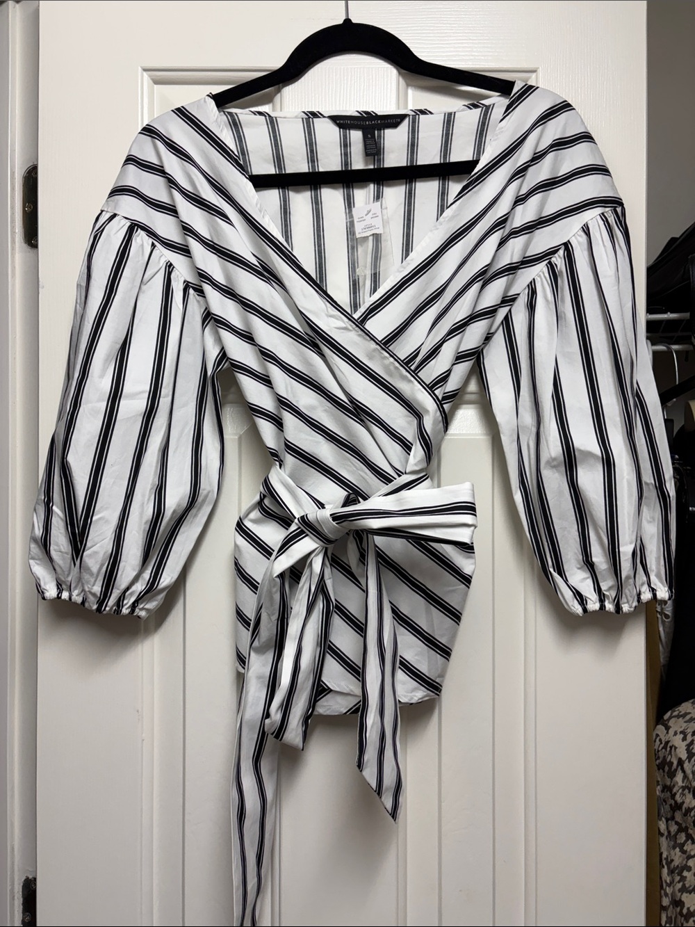White House Black Market Black & White Striped Wrap Blouse